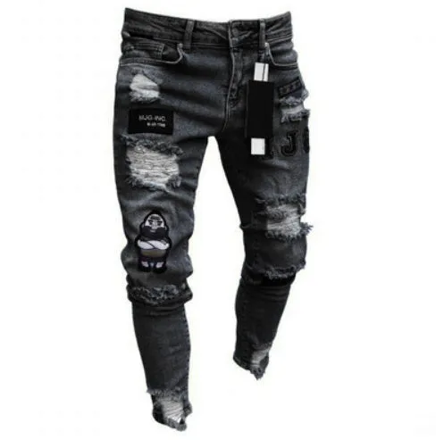 Cotton knee hole zipper trousers in black, blue, and white, mid-waist fit