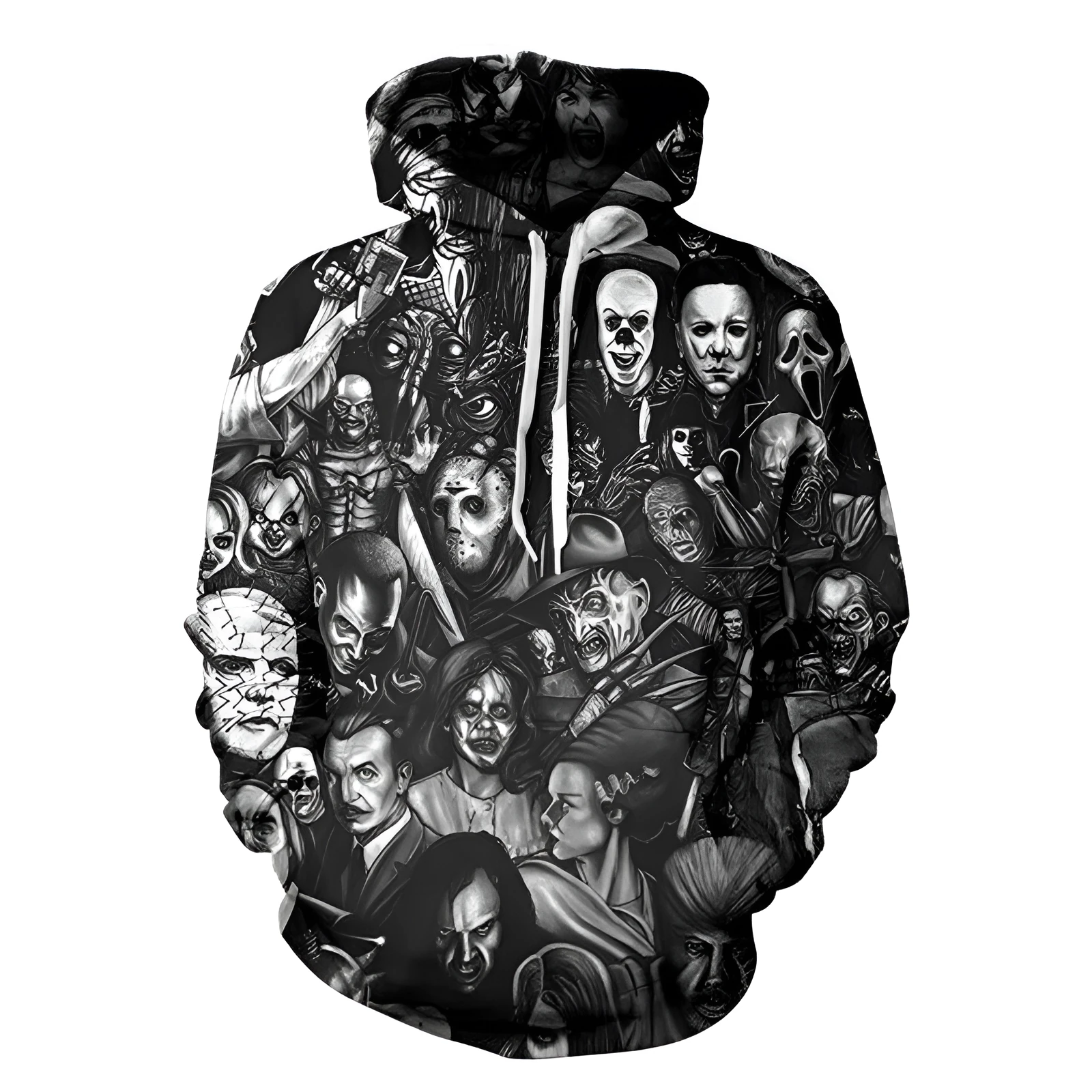 3D black hoodie with horror character print front view