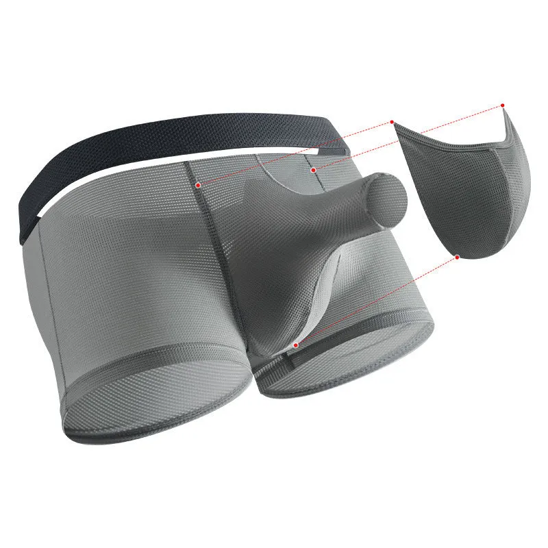Men's ice silk nylon boxer underwear in black colour showing low-waist design and mesh breathable panels