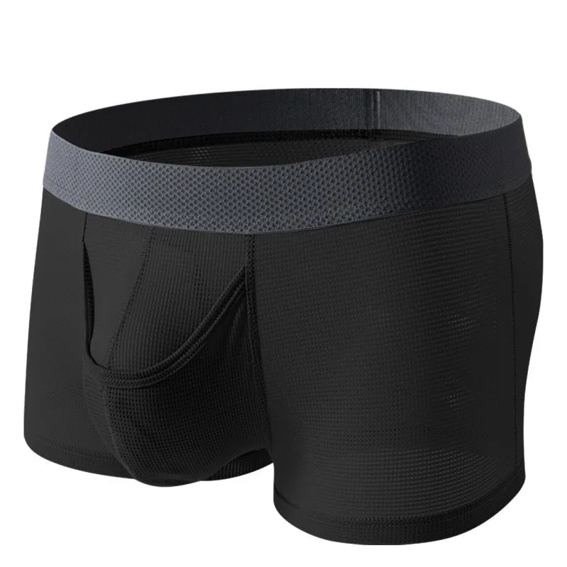 Men's ice silk nylon boxer underwear in black colour showing low-waist design and mesh breathable panels