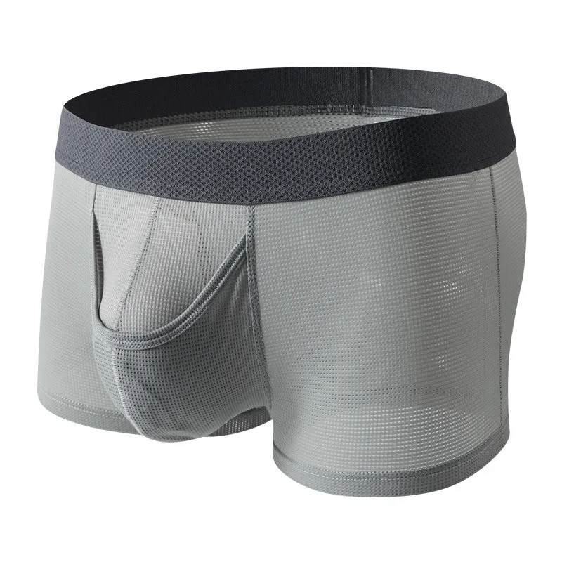 Men's ice silk nylon boxer underwear in black colour showing low-waist design and mesh breathable panels
