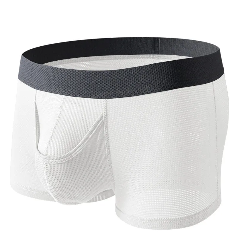 Men's ice silk nylon boxer underwear in black colour showing low-waist design and mesh breathable panels