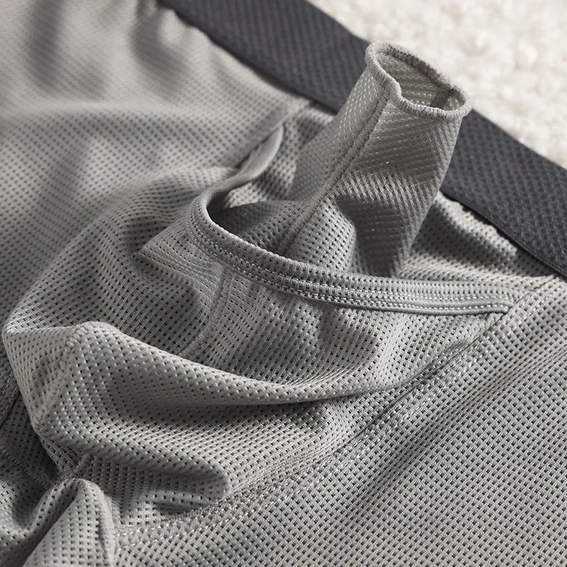 Men's ice silk nylon boxer underwear in black colour showing low-waist design and mesh breathable panels