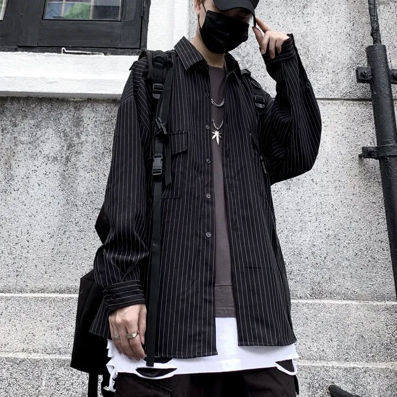 Retro wild striped black long sleeved loose shirt with square collar, front view on model