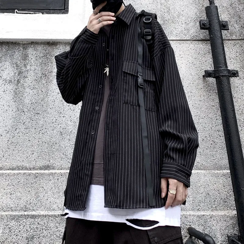 Retro wild striped black long sleeved loose shirt with square collar, front view on model