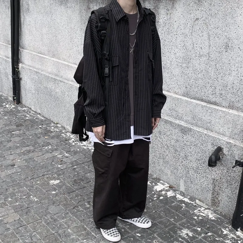 Retro wild striped black long sleeved loose shirt with square collar, front view on model