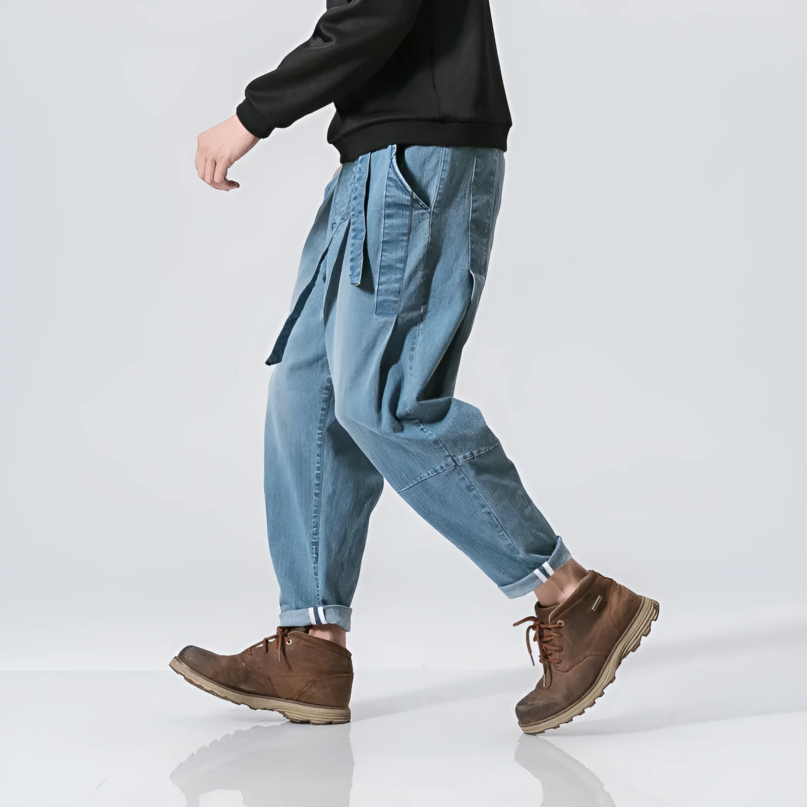 Punk stretch bike denim jeans in solid colour with elastic waist and patches