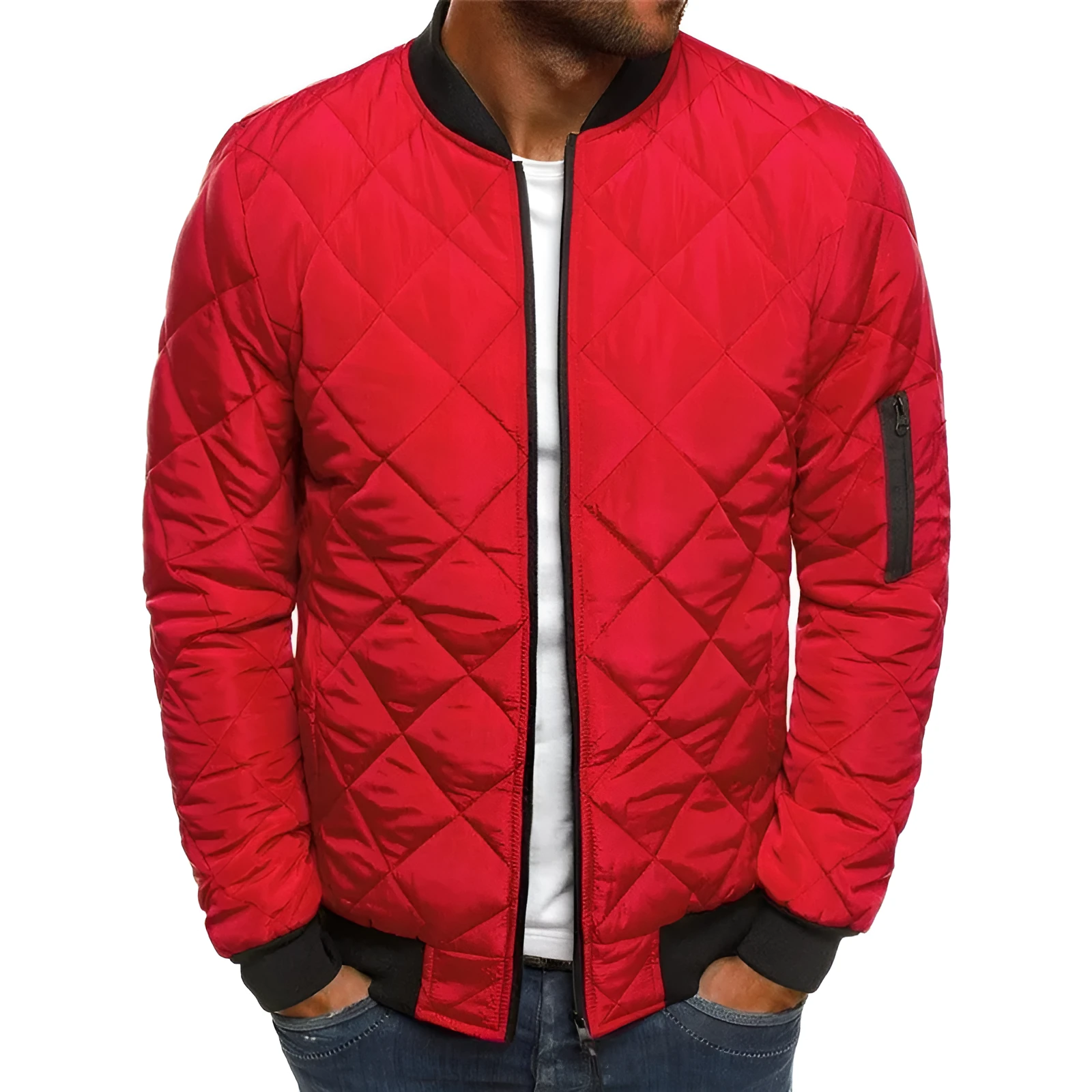 Men's solid colour winter coat with stand collar, zipper front, and rhombus sewing design on a hanger