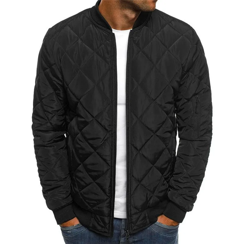 Men's solid colour winter coat with stand collar, zipper front, and rhombus sewing design on a hanger