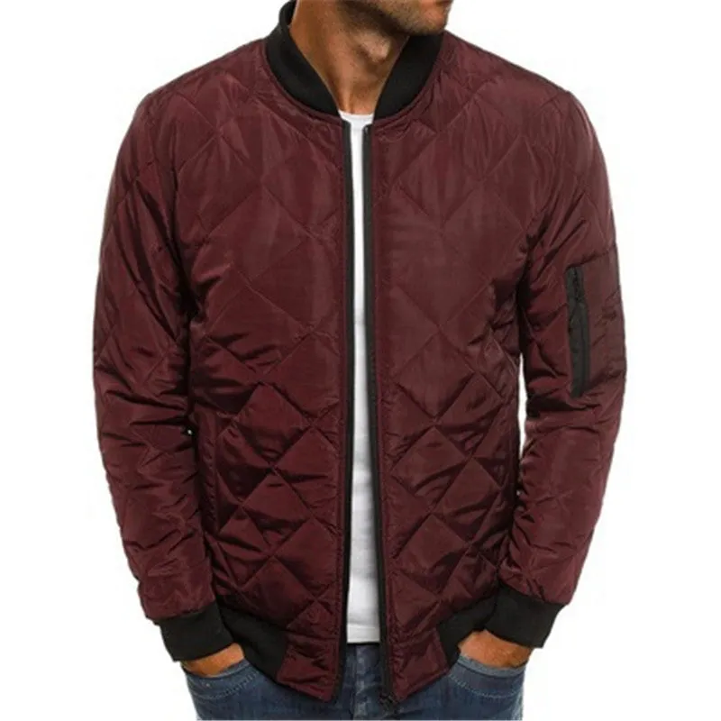 Men's solid colour winter coat with stand collar, zipper front, and rhombus sewing design on a hanger