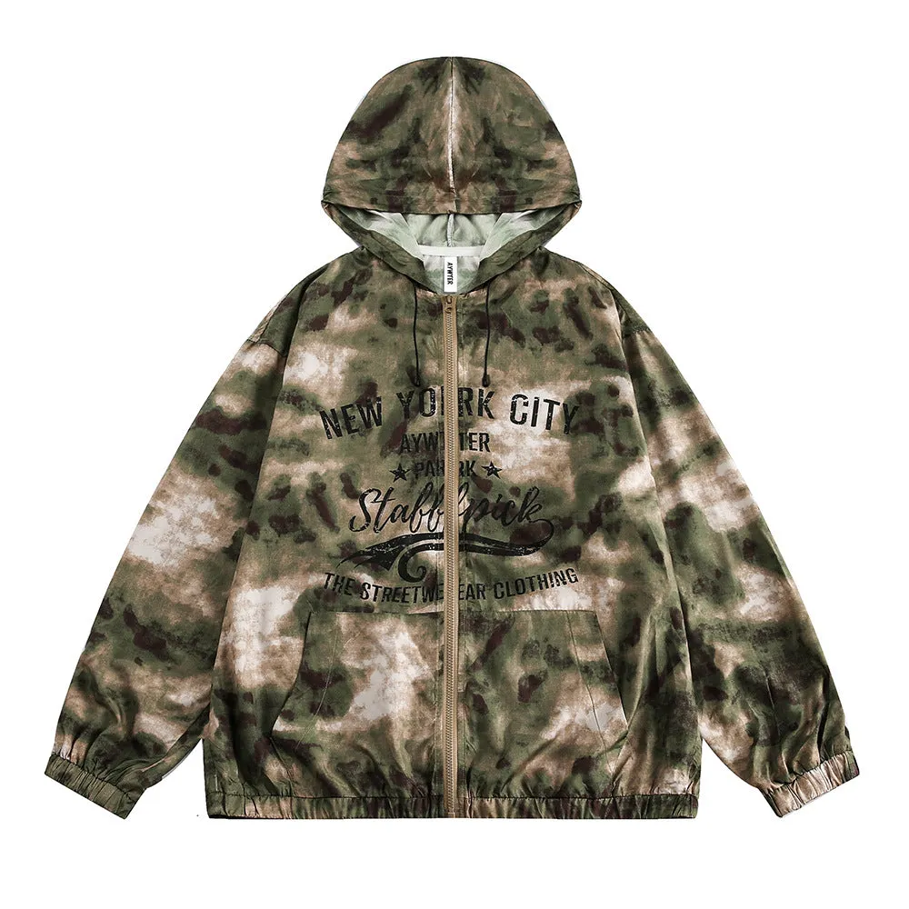 Hooded camouflage sun protection jacket for men, loose fit polyester fibre, shown in camouflage colour.