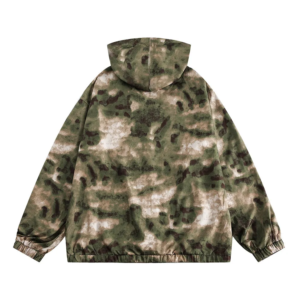 Hooded camouflage sun protection jacket for men, loose fit polyester fibre, shown in camouflage colour.