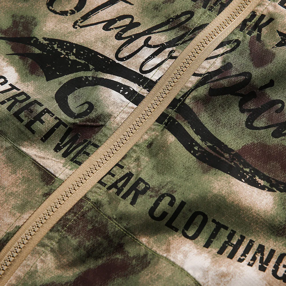 Hooded camouflage sun protection jacket for men, loose fit polyester fibre, shown in camouflage colour.