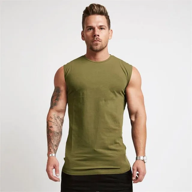 Men's sleeveless cotton tank top in army green, regular fit, moisture-wicking and breathable for gym workouts