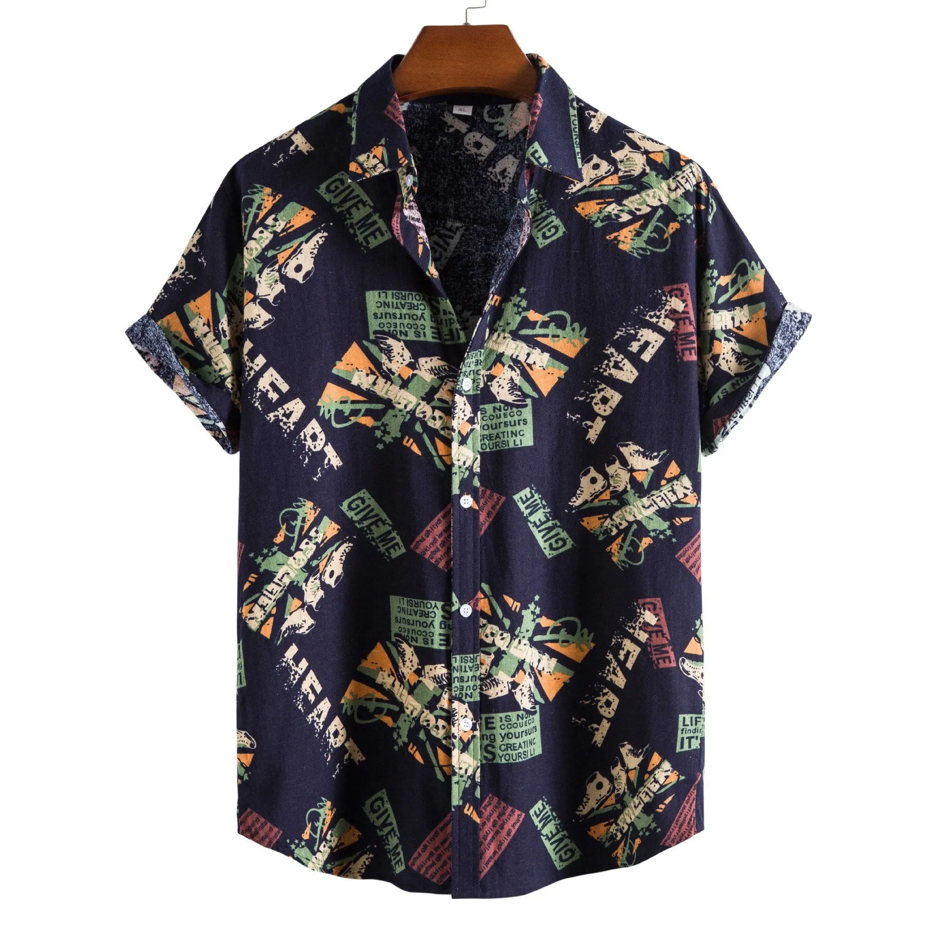 Men casual short sleeve vintage letter print turn-down collar shirt in Navy Blue
