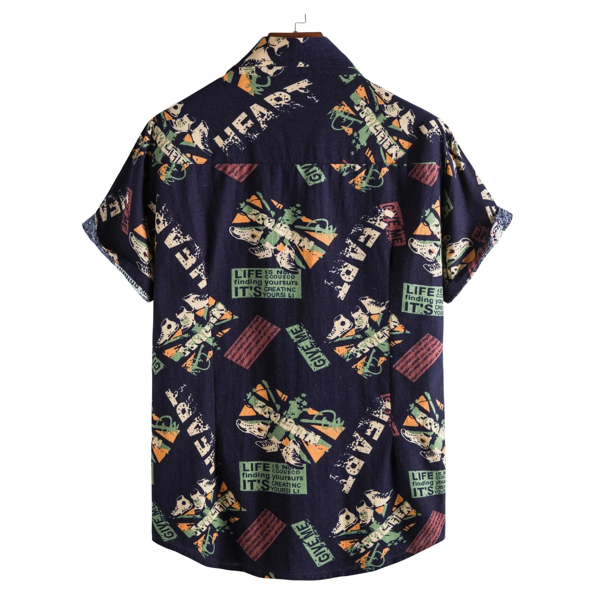 Men casual short sleeve vintage letter print turn-down collar shirt in Navy Blue