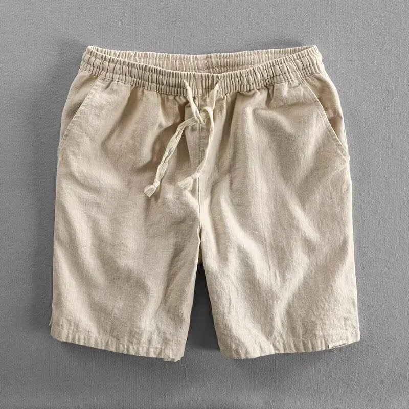 Cotton linen ramie blend casual shorts with straight-leg cut and fifth pants length in multiple colours