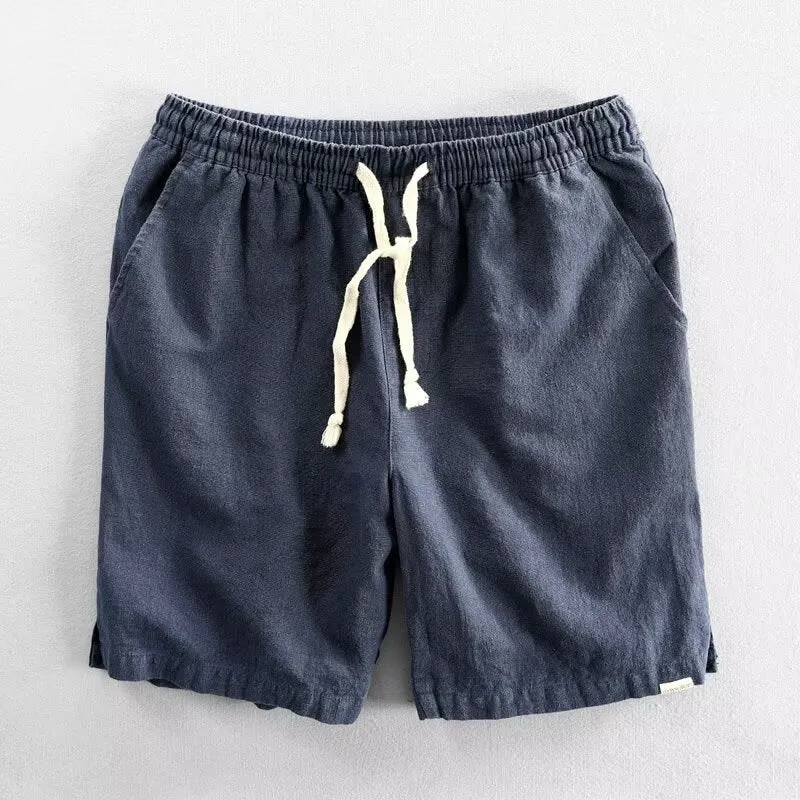 Cotton linen ramie blend casual shorts with straight-leg cut and fifth pants length in multiple colours