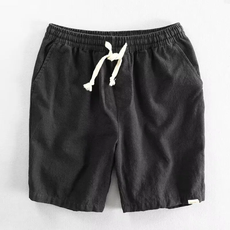Cotton linen ramie blend casual shorts with straight-leg cut and fifth pants length in multiple colours