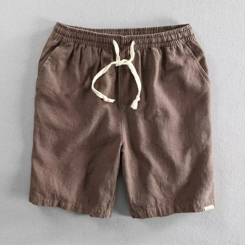 Cotton linen ramie blend casual shorts with straight-leg cut and fifth pants length in multiple colours