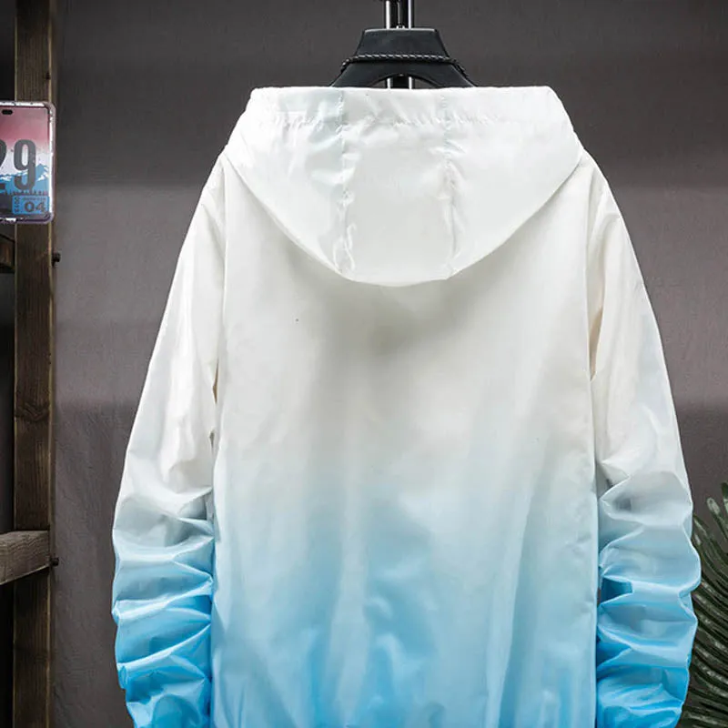 Hooded sun protection top in gradient colours, polyester quick-dry fabric, front view, sizes S to 3XL