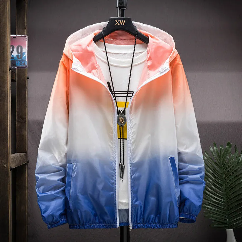 Hooded sun protection top in gradient colours, polyester quick-dry fabric, front view, sizes S to 3XL
