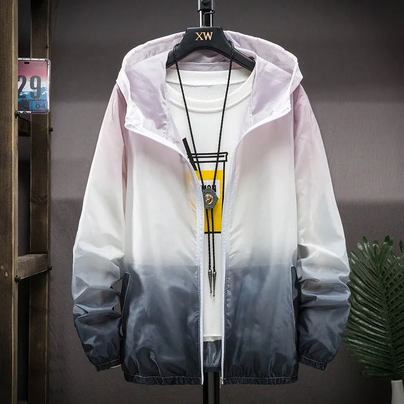 Hooded sun protection top in gradient colours, polyester quick-dry fabric, front view, sizes S to 3XL