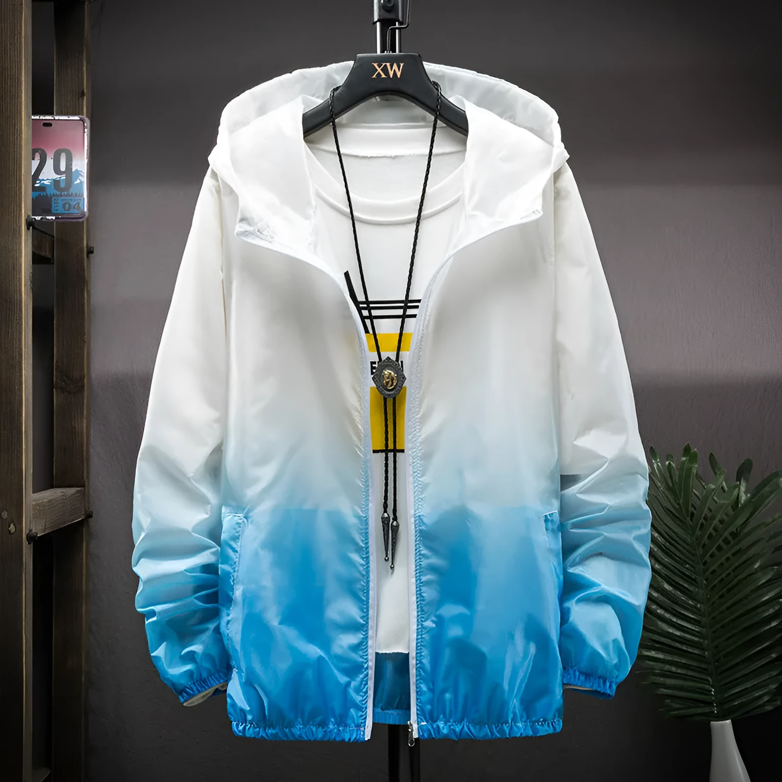 Hooded sun protection top in gradient colours, polyester quick-dry fabric, front view, sizes S to 3XL