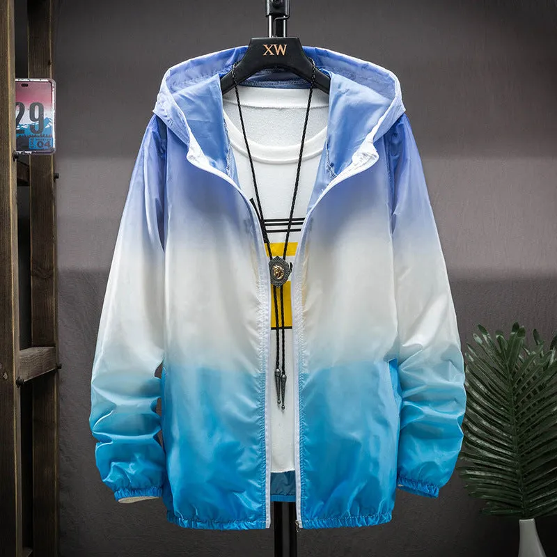Hooded sun protection top in gradient colours, polyester quick-dry fabric, front view, sizes S to 3XL