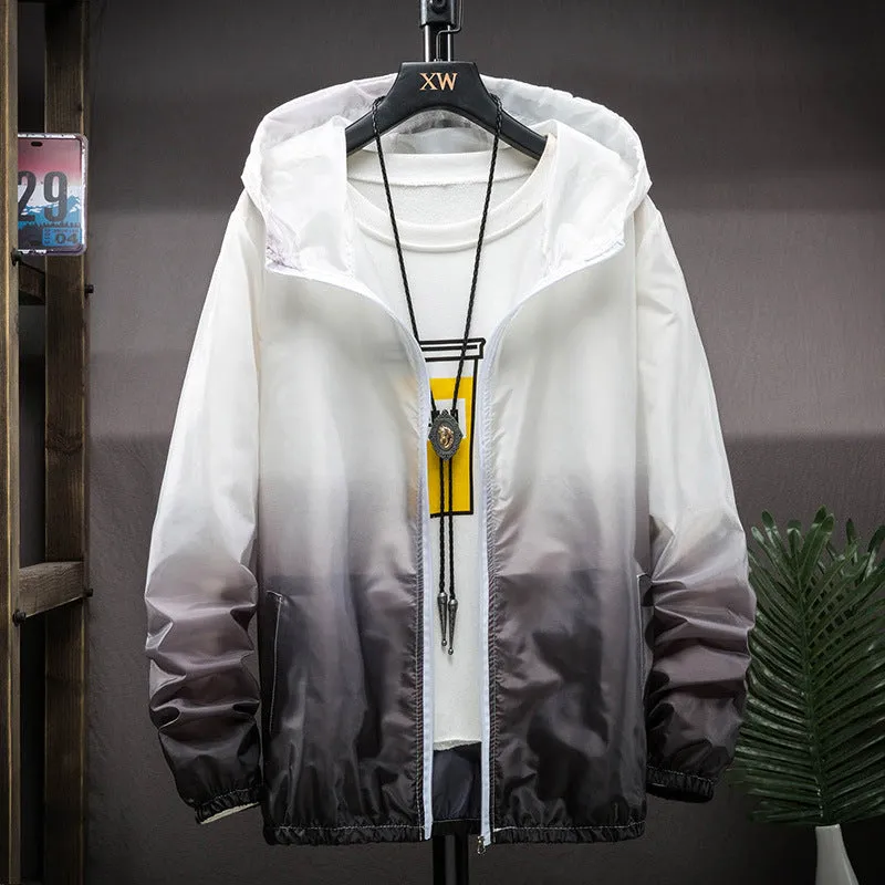 Hooded sun protection top in gradient colours, polyester quick-dry fabric, front view, sizes S to 3XL