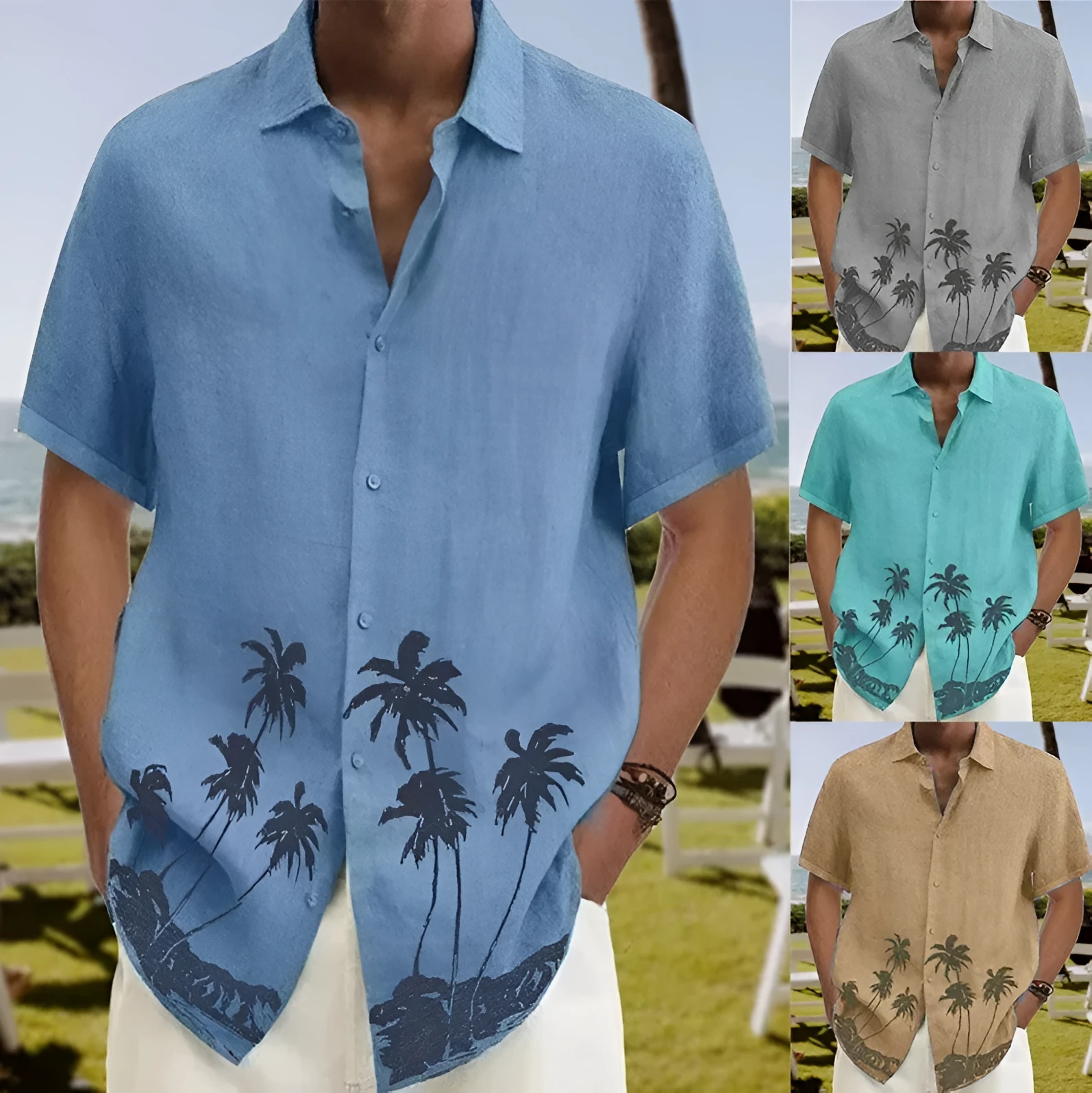 Men's cotton short sleeve cardigan in grey, standing collar, crease-resistant summer shirt