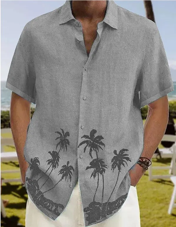 Men's cotton short sleeve cardigan in grey, standing collar, crease-resistant summer shirt
