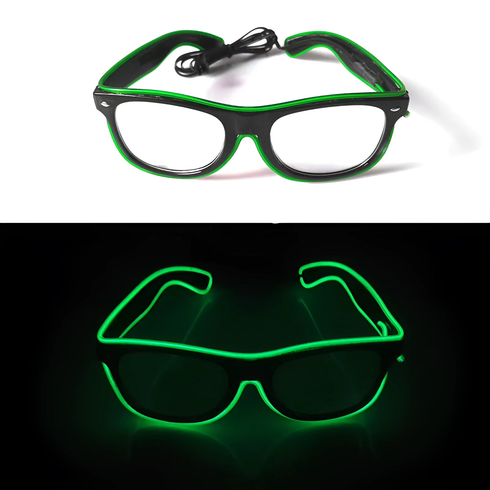 LED luminous glasses party decoration in green with push button switch on plastic frame
