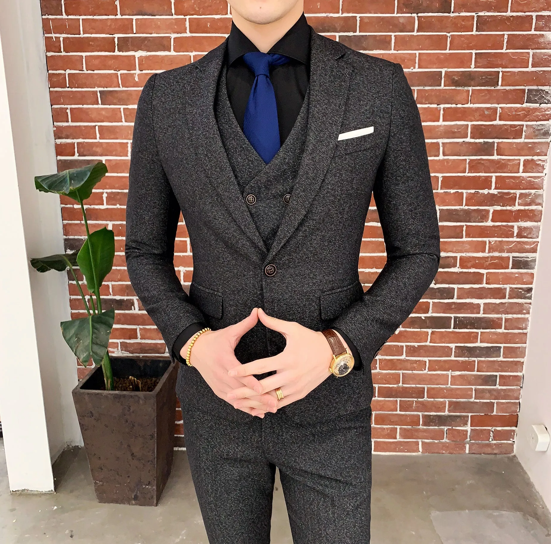 Men's three-piece slim fit suit set in khaki, flat collar, single-breasted, cotton blend fabric