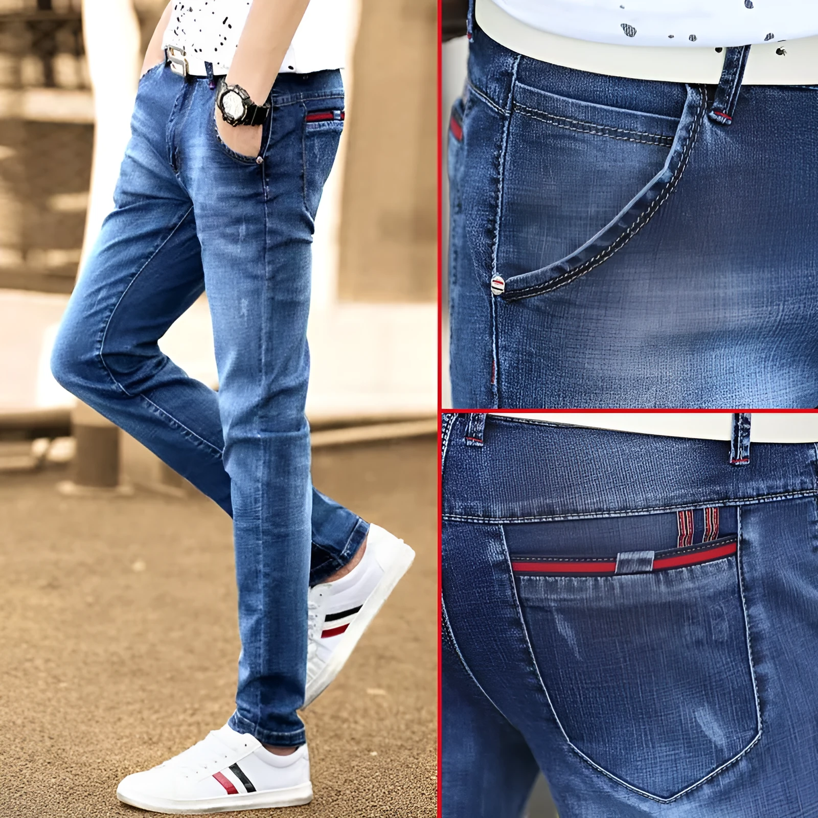 Men's casual jeans in cotton polyester spandex blend, youth pop style, available in multiple colours
