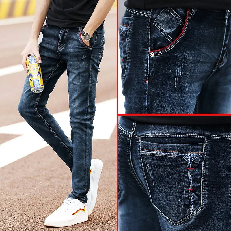 Men's casual jeans in cotton polyester spandex blend, youth pop style, available in multiple colours