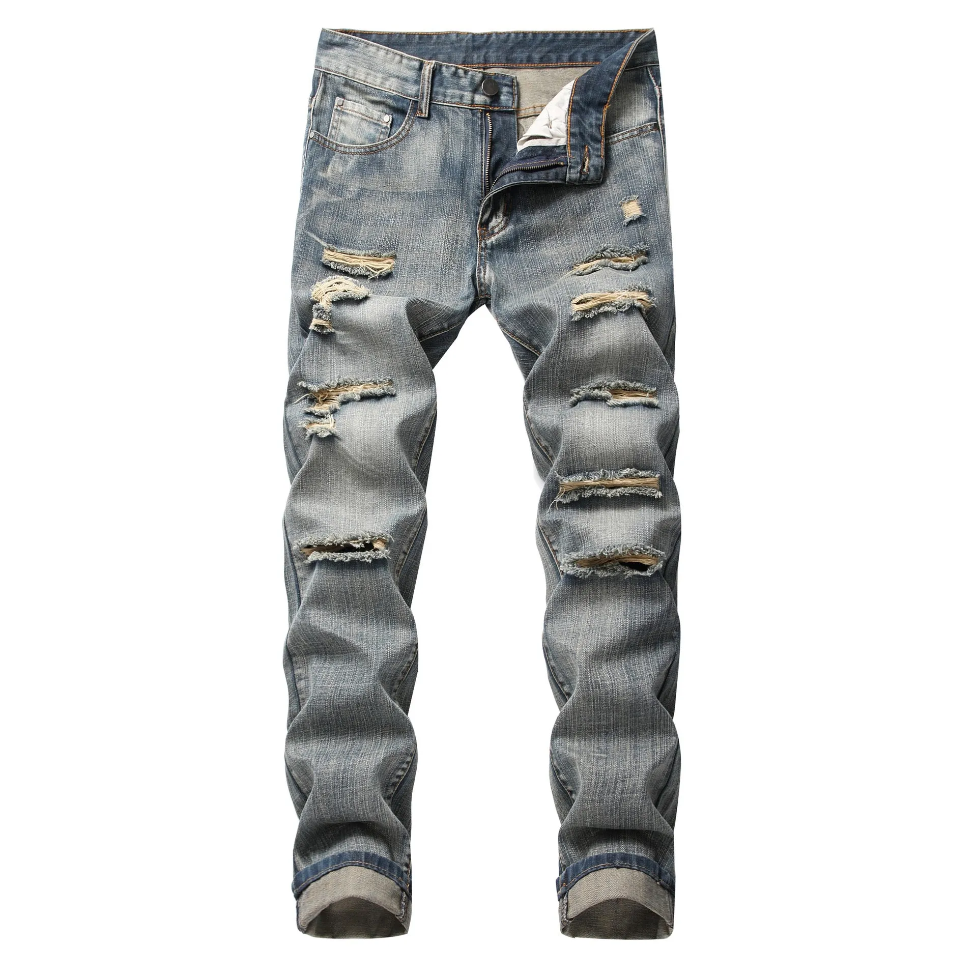 Ripped straight denim trousers for men in dark blue with mid waist and zip fly