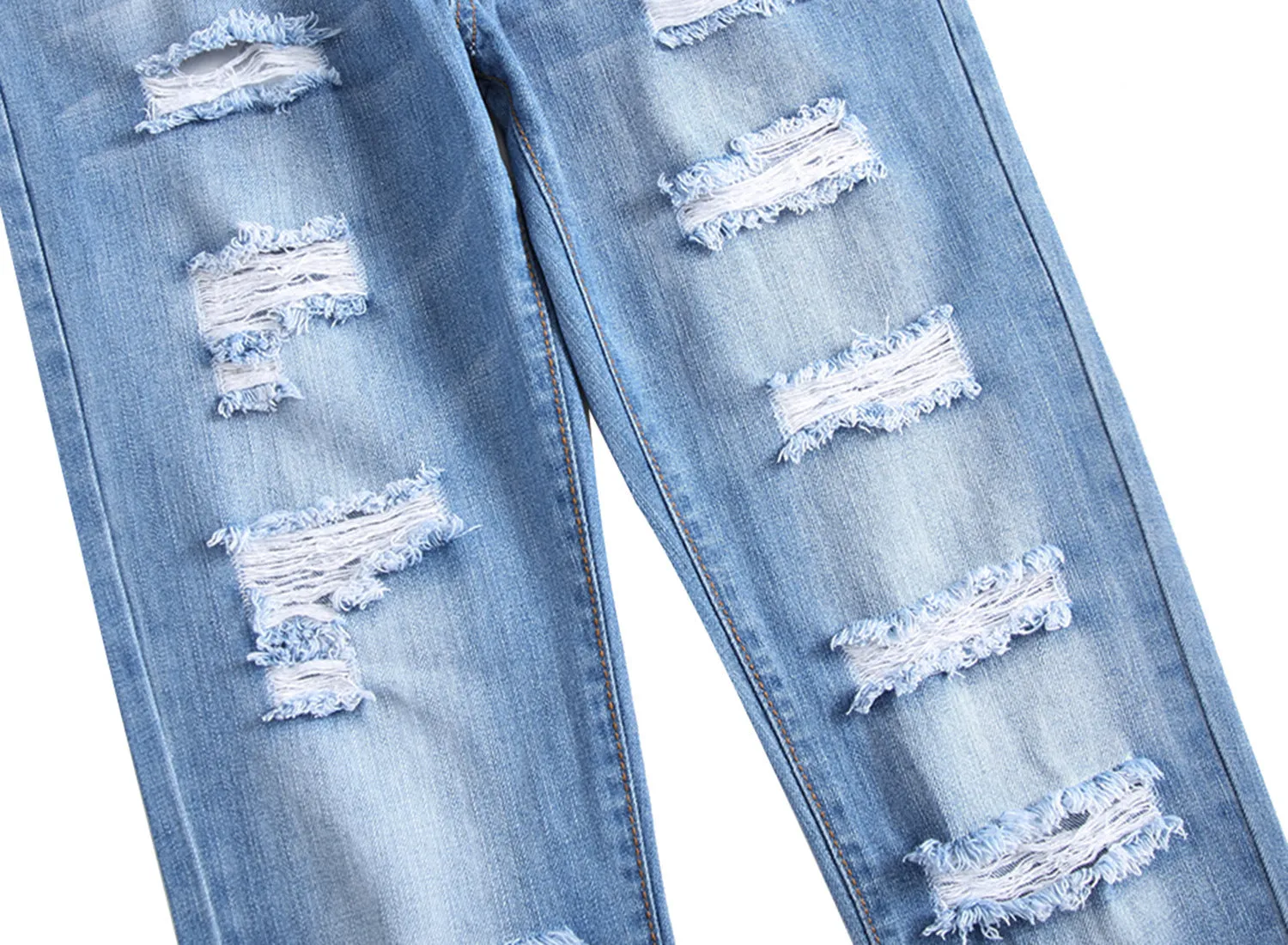 Ripped straight denim trousers for men in dark blue with mid waist and zip fly