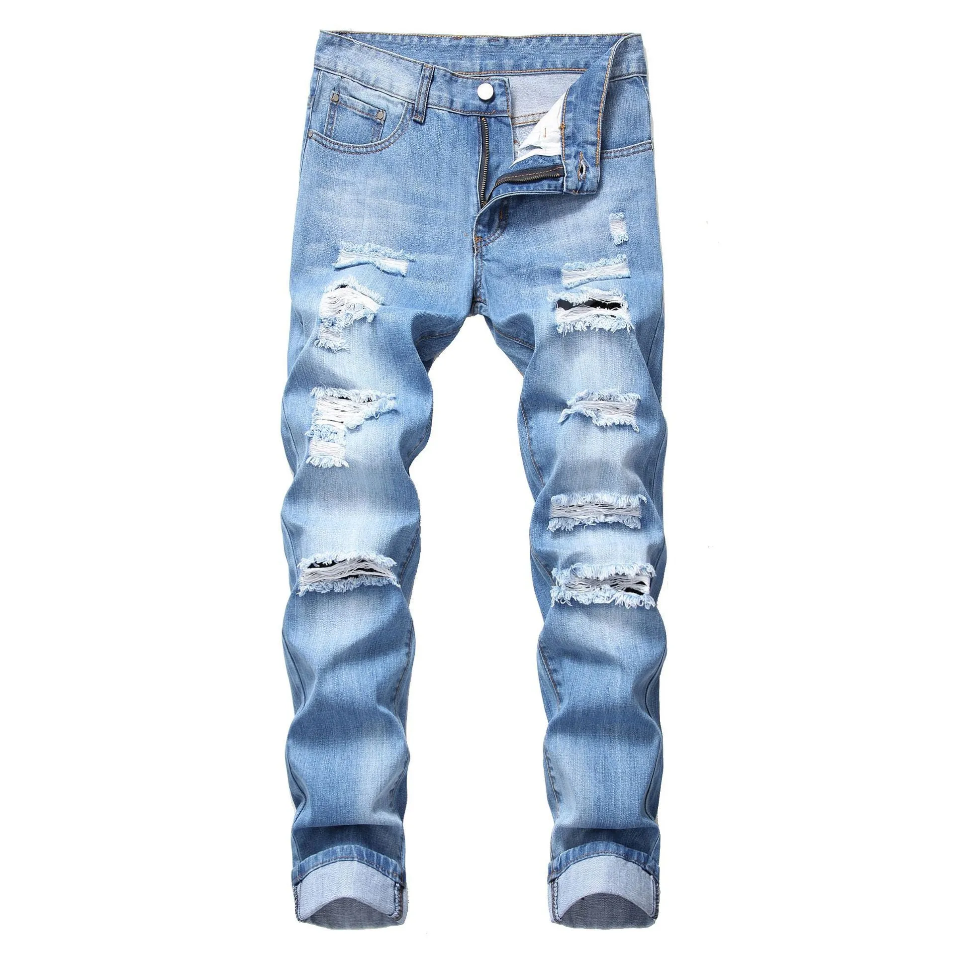 Ripped straight denim trousers for men in dark blue with mid waist and zip fly
