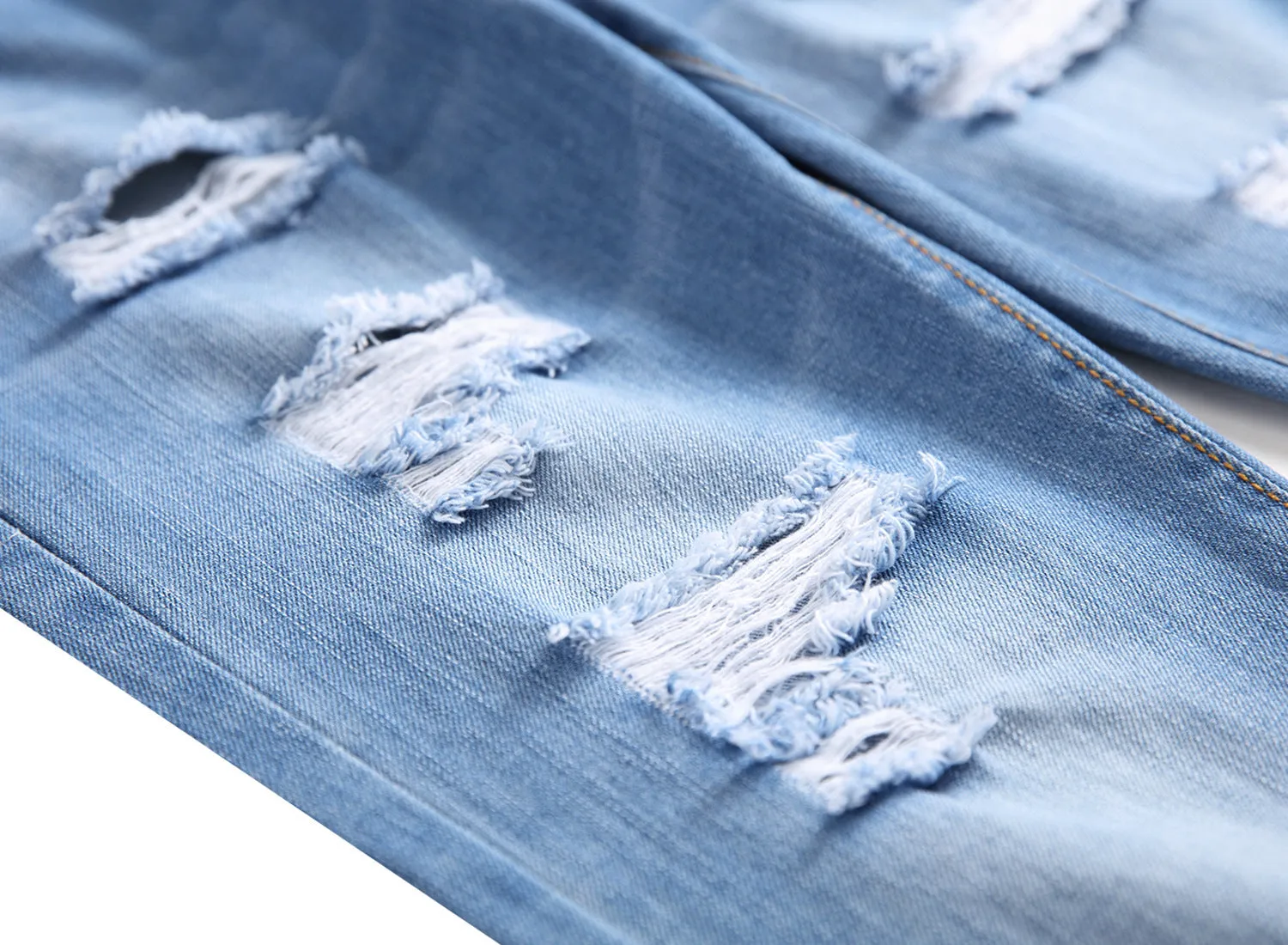 Ripped straight denim trousers for men in dark blue with mid waist and zip fly