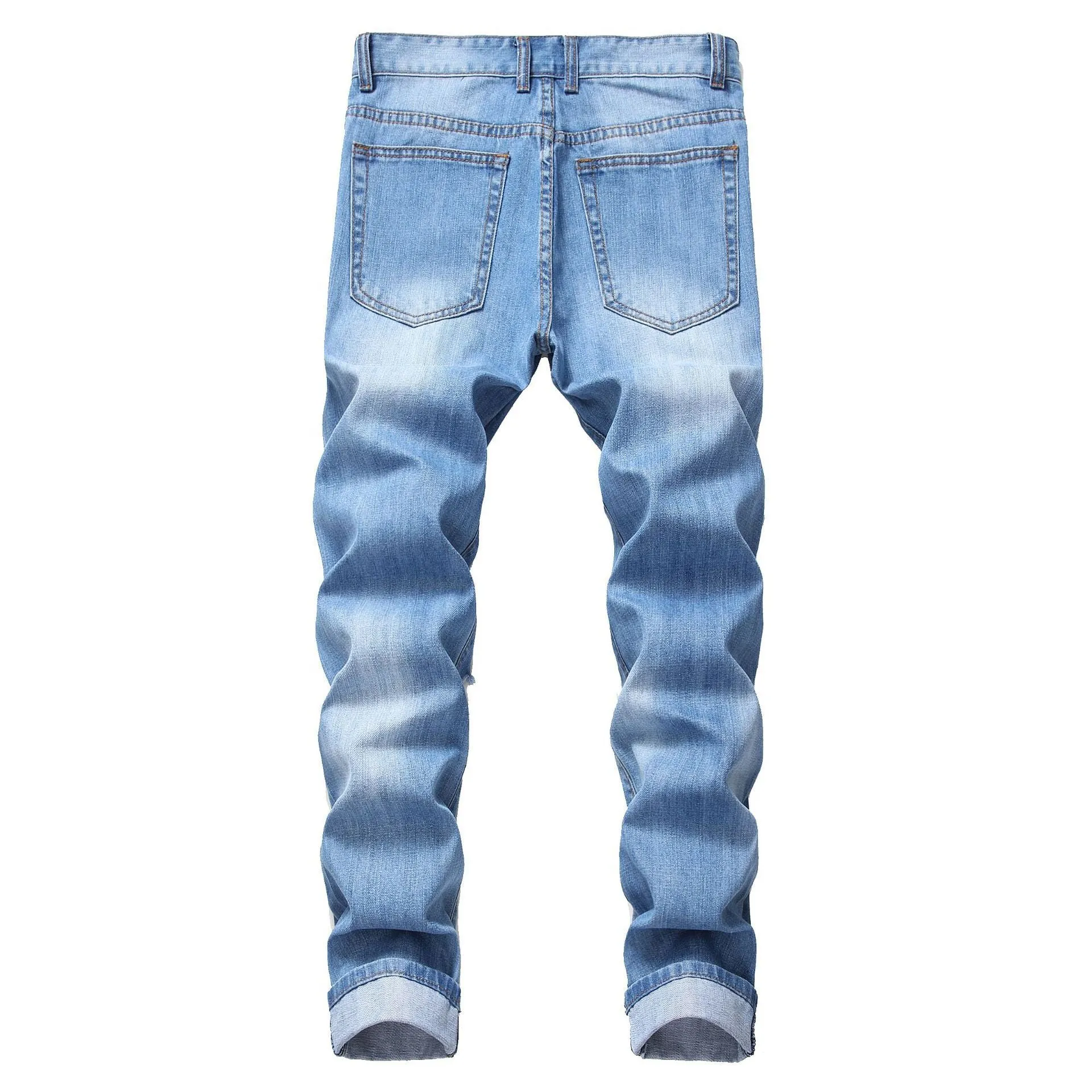 Ripped straight denim trousers for men in dark blue with mid waist and zip fly