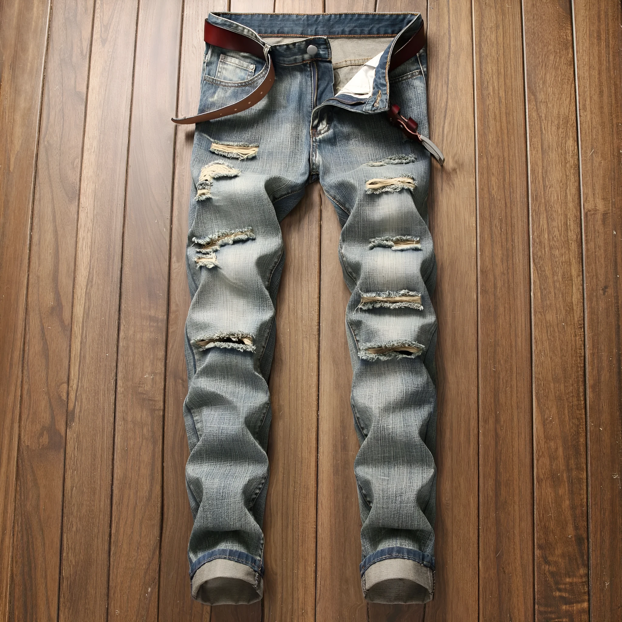 Ripped straight denim trousers for men in dark blue with mid waist and zip fly