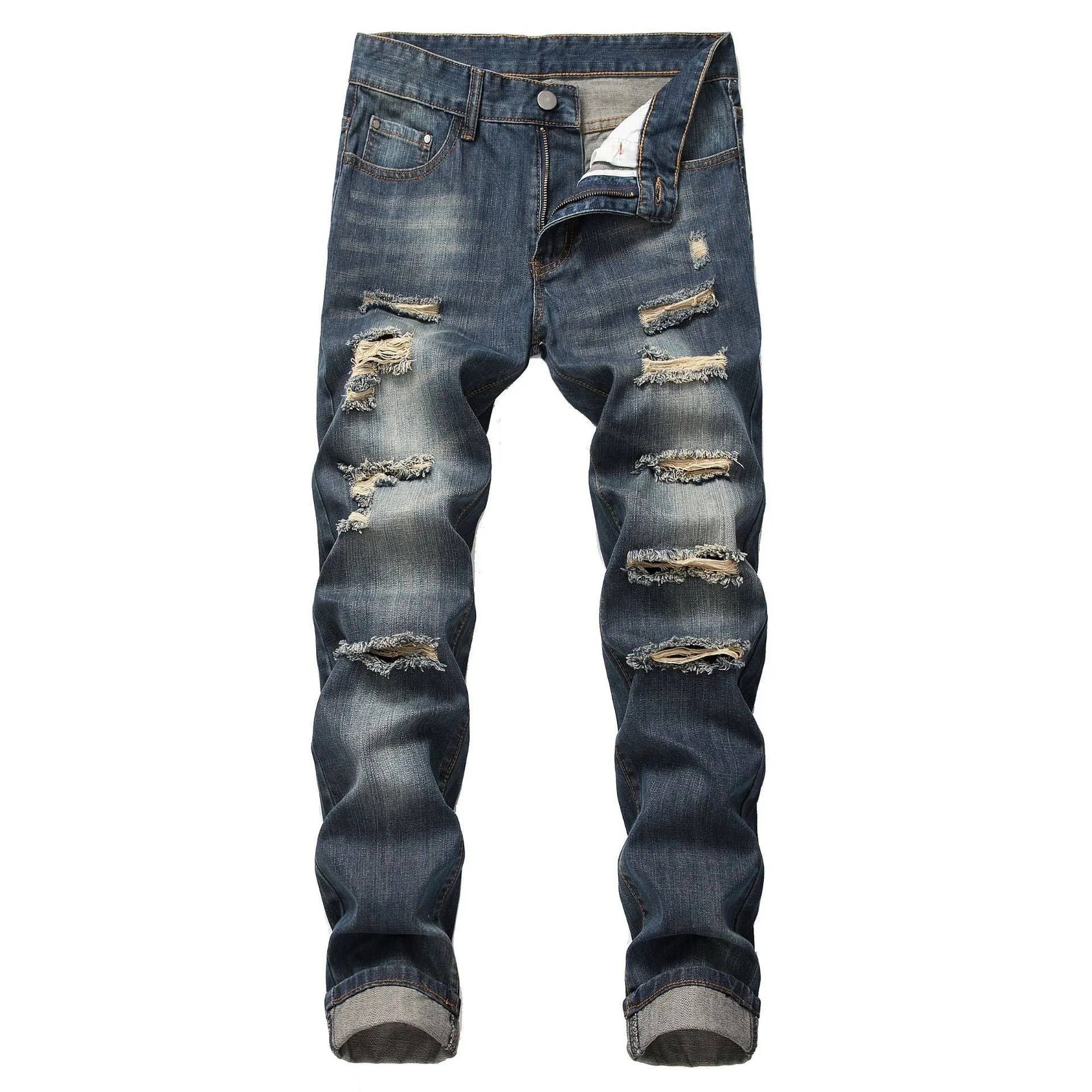 Ripped straight denim trousers for men in dark blue with mid waist and zip fly