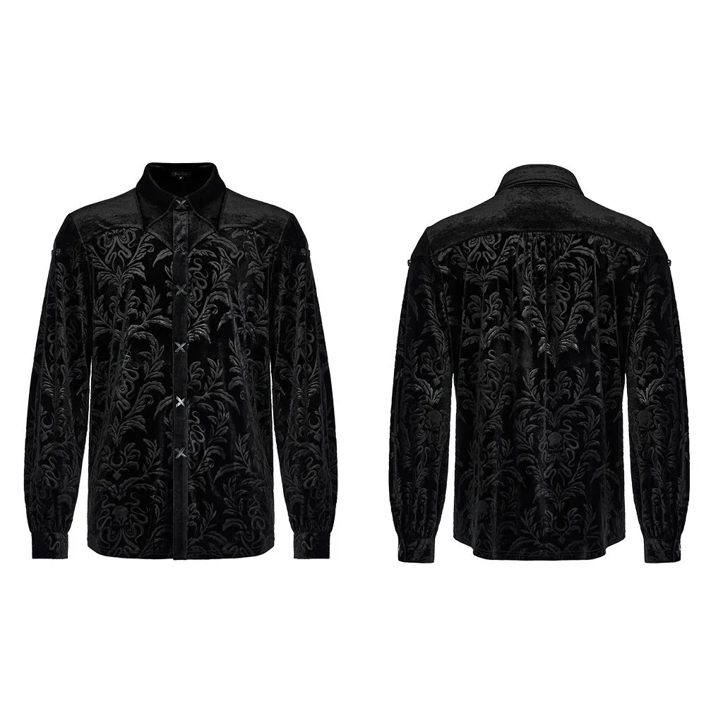 Black men's velvet shirt with gothic college styling and printed flocking decoration details
