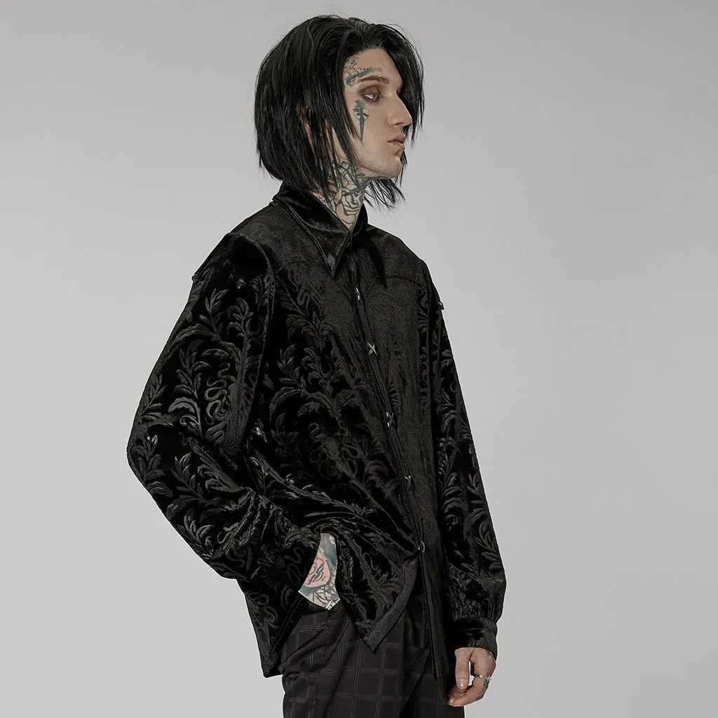 Black men's velvet shirt with gothic college styling and printed flocking decoration details