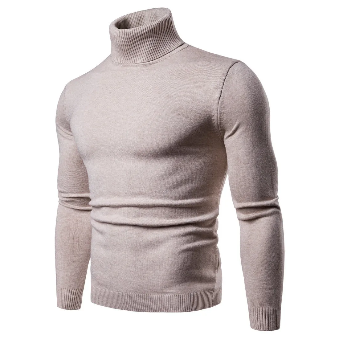 Men's cotton thermal turtleneck sweater in solid colour, slim fit, winter pullover, beige option