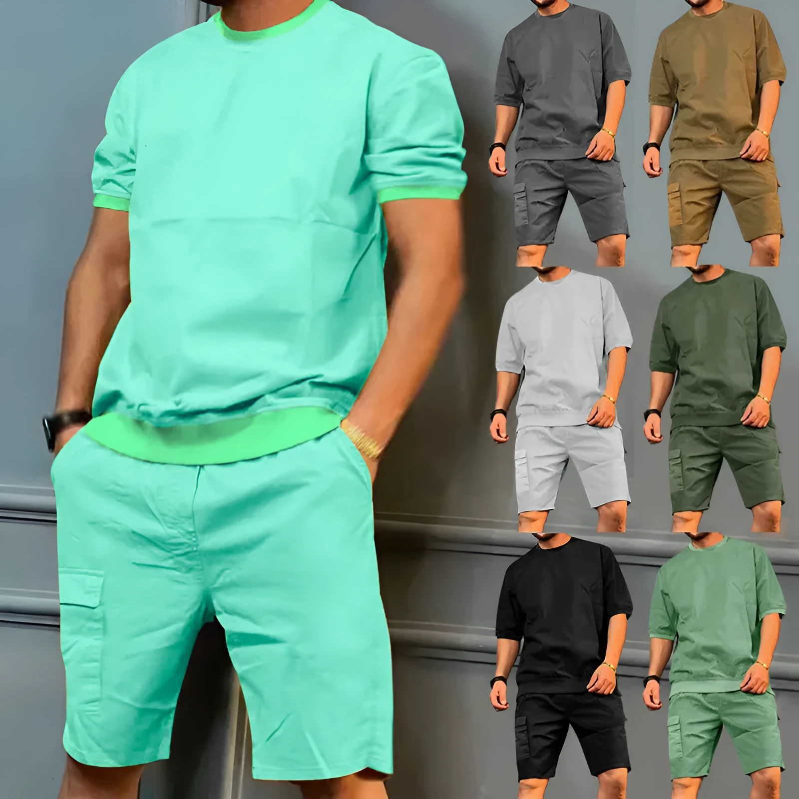Men's summer sports suit with round neck short sleeve top and multi-pocket shorts in grey green