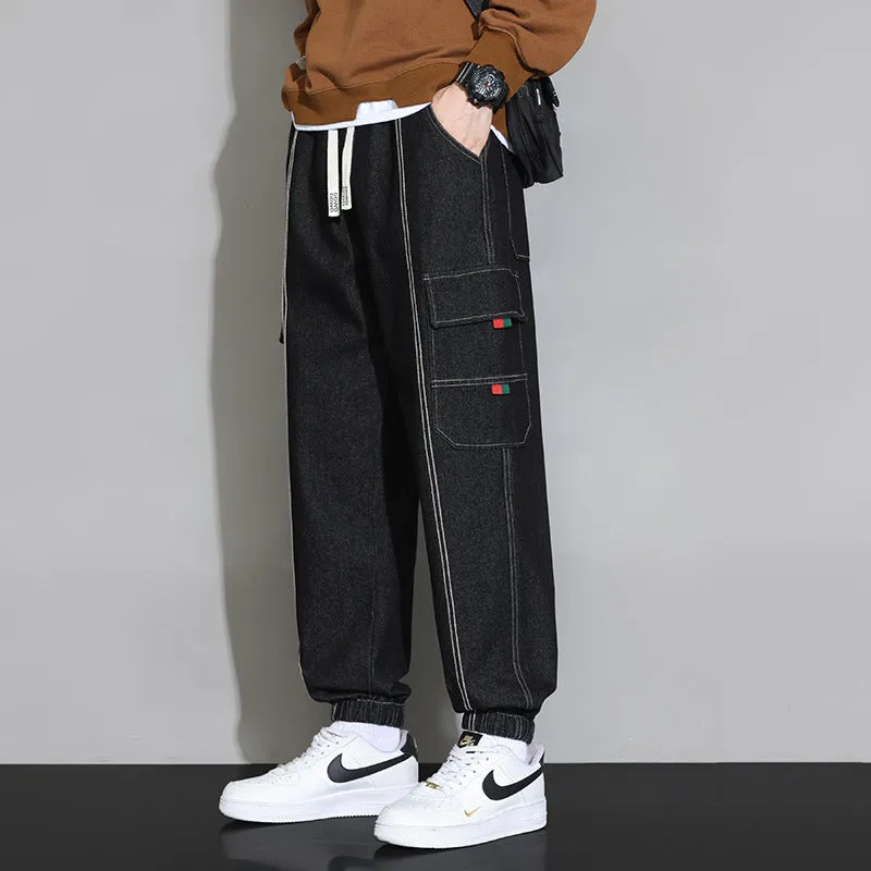 Men's retro cotton workwear jeans loose fit zip fly trousers available in gray black blue retro colour