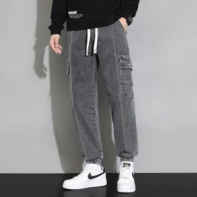 Men's retro cotton workwear jeans loose fit zip fly trousers available in gray black blue retro colour