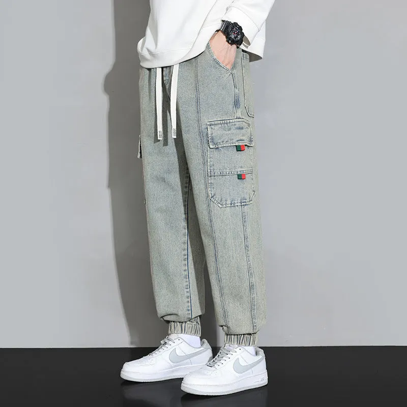 Men's retro cotton workwear jeans loose fit zip fly trousers available in gray black blue retro colour